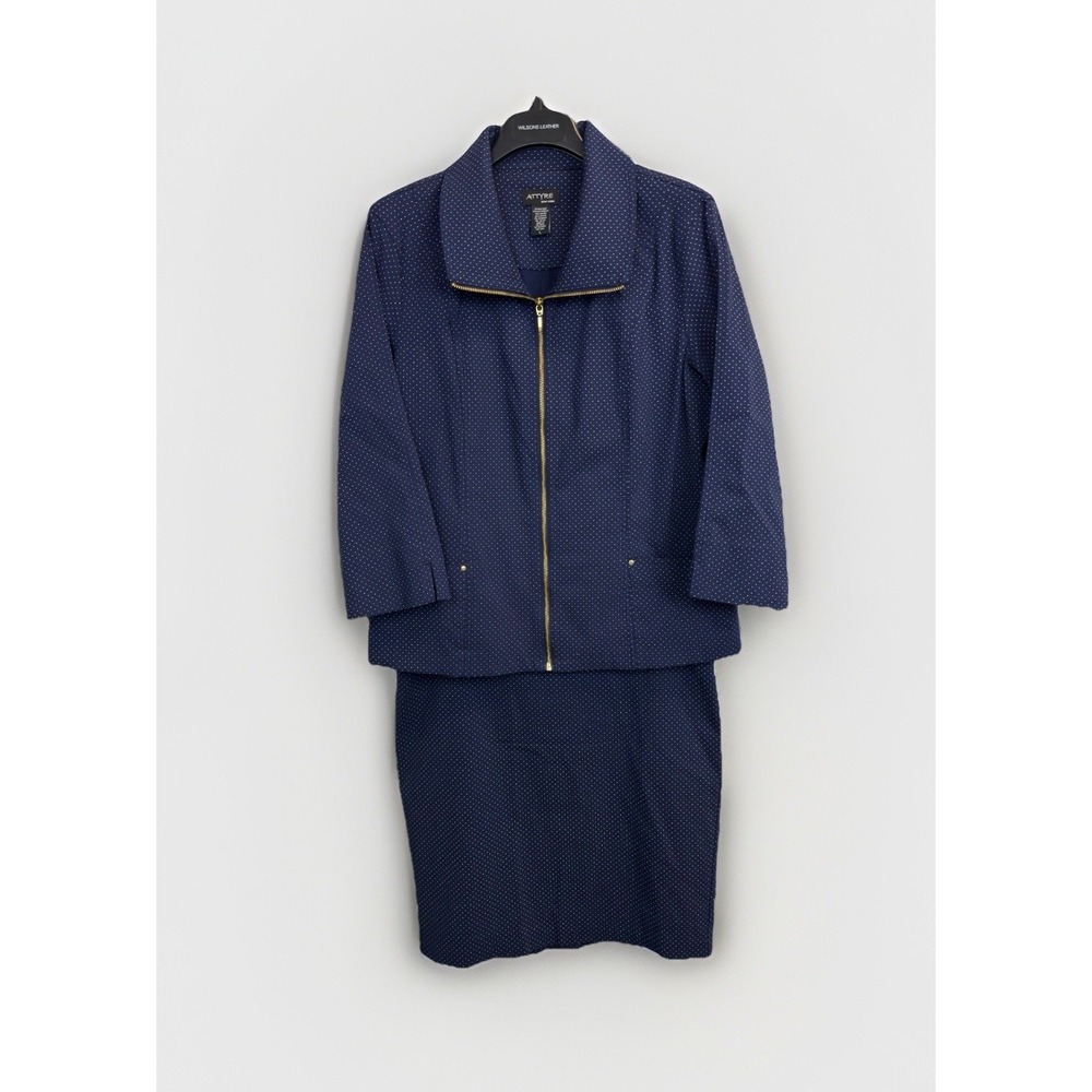 Attyre New York Womens L/12 Skirt Suit Navy Blue Polka Dot Zip Up Jacket Stretch